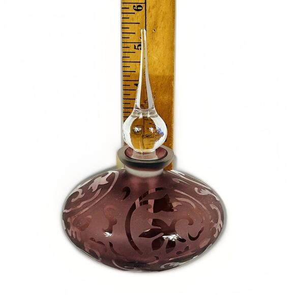 Art Glass Purple Lavender Frosted Etched Perfume Bottle Glass w/ Stopper - Picture 6 of 6